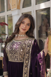 Wonderful Embroidery Work Wine Color Gown