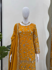 Occasion Wear Yellow Color Sequence Work Sharara Suit