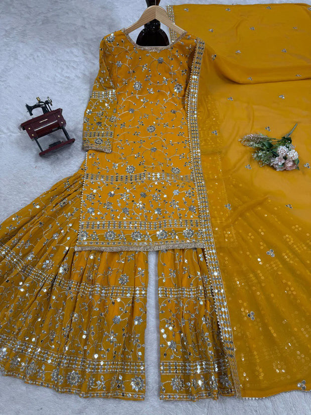 Occasion Wear Yellow Color Sequence Work Sharara Suit