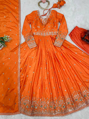 Attractive Sequence Work Orange Color Gown