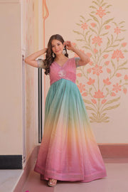 Fantastic Embroidered Work Double Shade Light Pink Color Gown