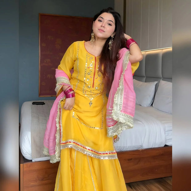 Precious Embroidered work Yellow Color Sharara Suit