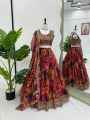 Designer Multi Flower With Mustard Color Lehenga Choli