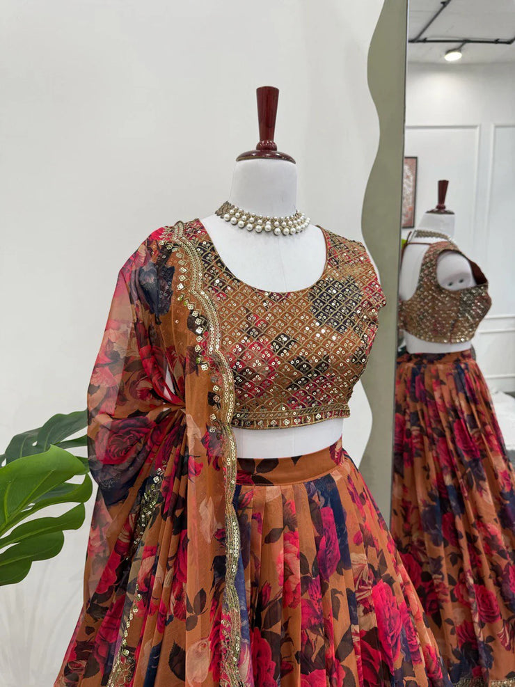 Designer Multi Flower With Mustard Color Lehenga Choli