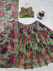 Designer Multi Flower With Green Color Lehenga Choli