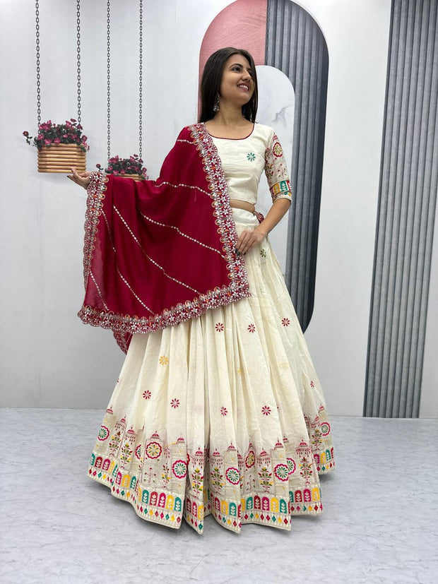 -50%   Traditional Wear Embroidery Work White Color Lehenga Choli