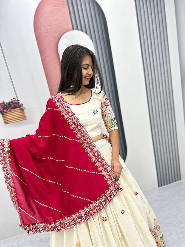 -50%   Traditional Wear Embroidery Work White Color Lehenga Choli