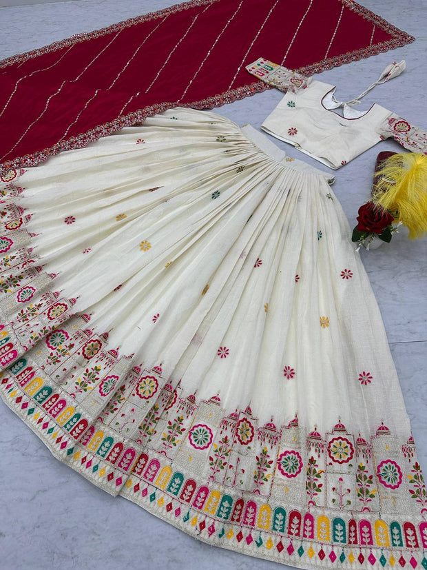 -50%   Traditional Wear Embroidery Work White Color Lehenga Choli