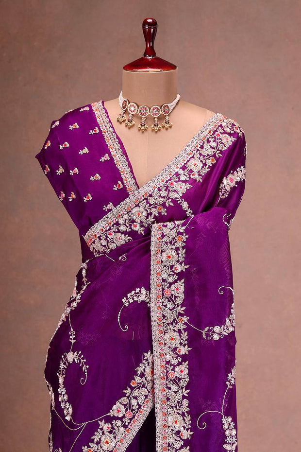 -50%   Marriage Special Embroidery Work Purple Color Saree