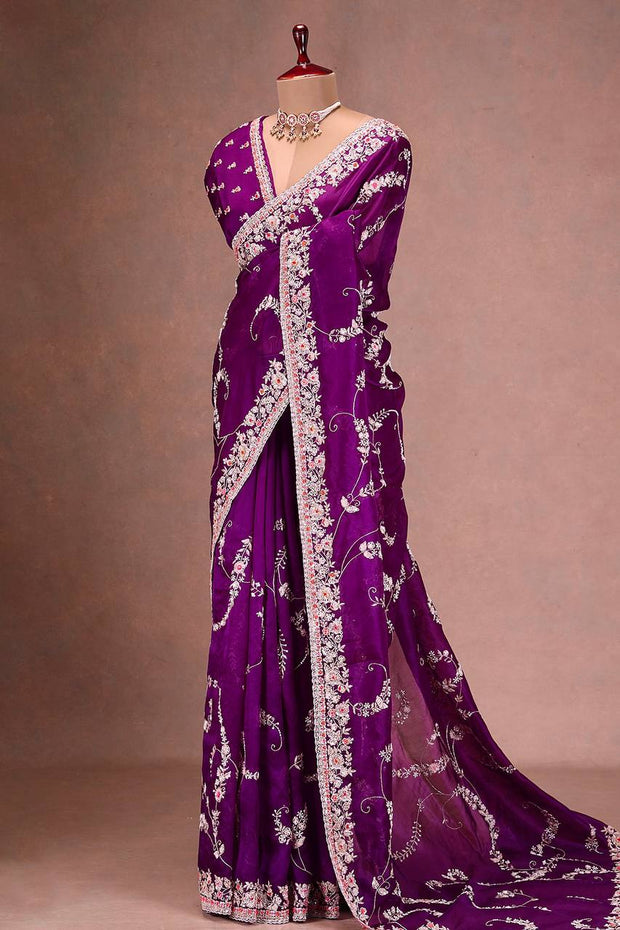 -50%   Marriage Special Embroidery Work Purple Color Saree