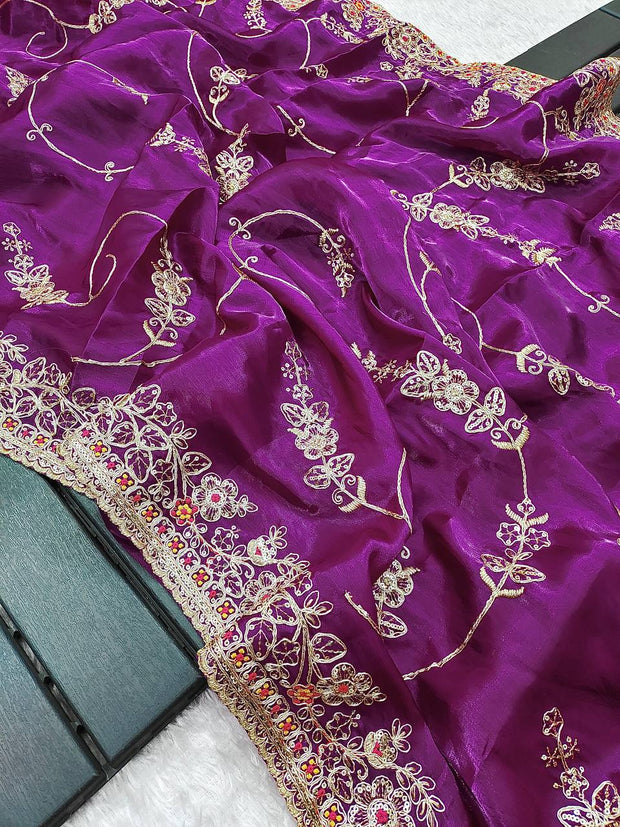 -50%   Marriage Special Embroidery Work Purple Color Saree