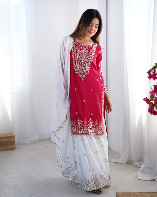 Flattering Embroidery Work Pink Color Sharara Suit