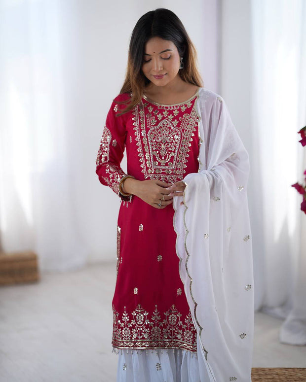 Flattering Embroidery Work Pink Color Sharara Suit