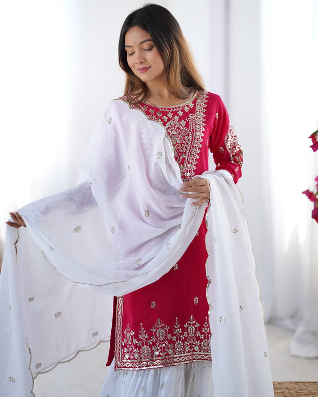 Flattering Embroidery Work Pink Color Sharara Suit