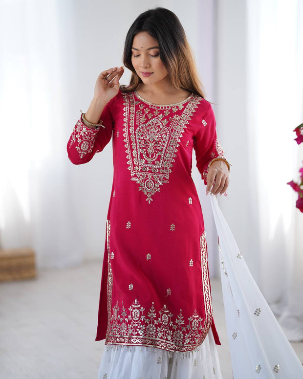 Flattering Embroidery Work Pink Color Sharara Suit
