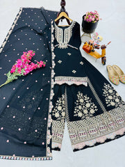 Glimmering Embroidery Work Black Color Sharara Suit
