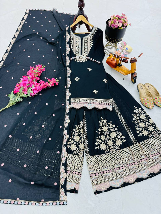 Glimmering Embroidery Work Black Color Sharara Suit