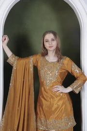 Attractive Heavy Work Mustard Color Sharara Suit