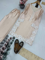 Stylish Peral Moti Hand Work Cream Color Palazzo Suit