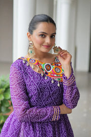 Purple Color Bandhani Printed Top With Lehenga For Navratri